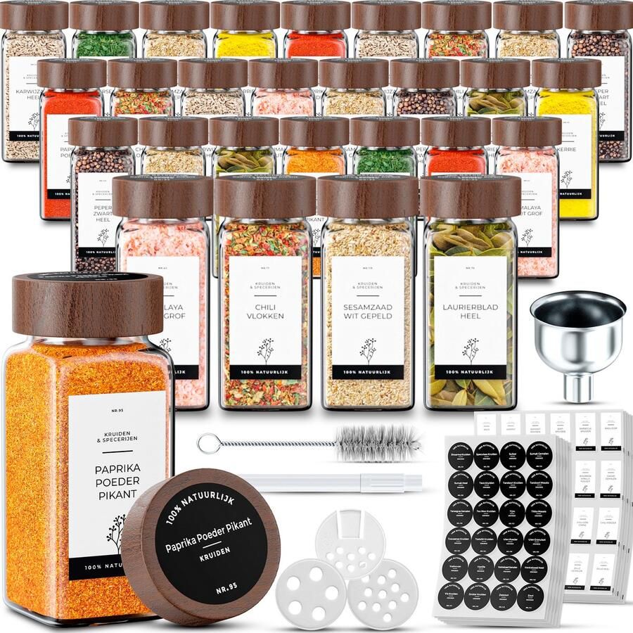 Organess 28 Glazen Kruidenpotjes Vierkant met Acacia Deksel – 3 Soorten Strooideksels – Kruidenstrooier – Spice Jars – Complete Set incl Kruiden Stickers Krijtstift en Accessoires – 120ml