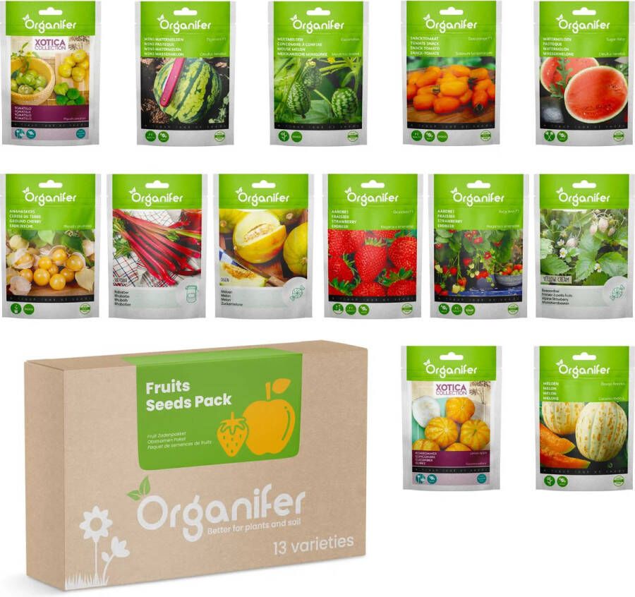 Organifer Fruit Zaden Pakket Fruit Zaden Fruitplanten Moestuinzaden Watermeloen Zaden Muismeloen Aardbeien Zaadjes Komkommer Zaden Rabarber Zaden Fruitplanten Mix Set 13 Soorten