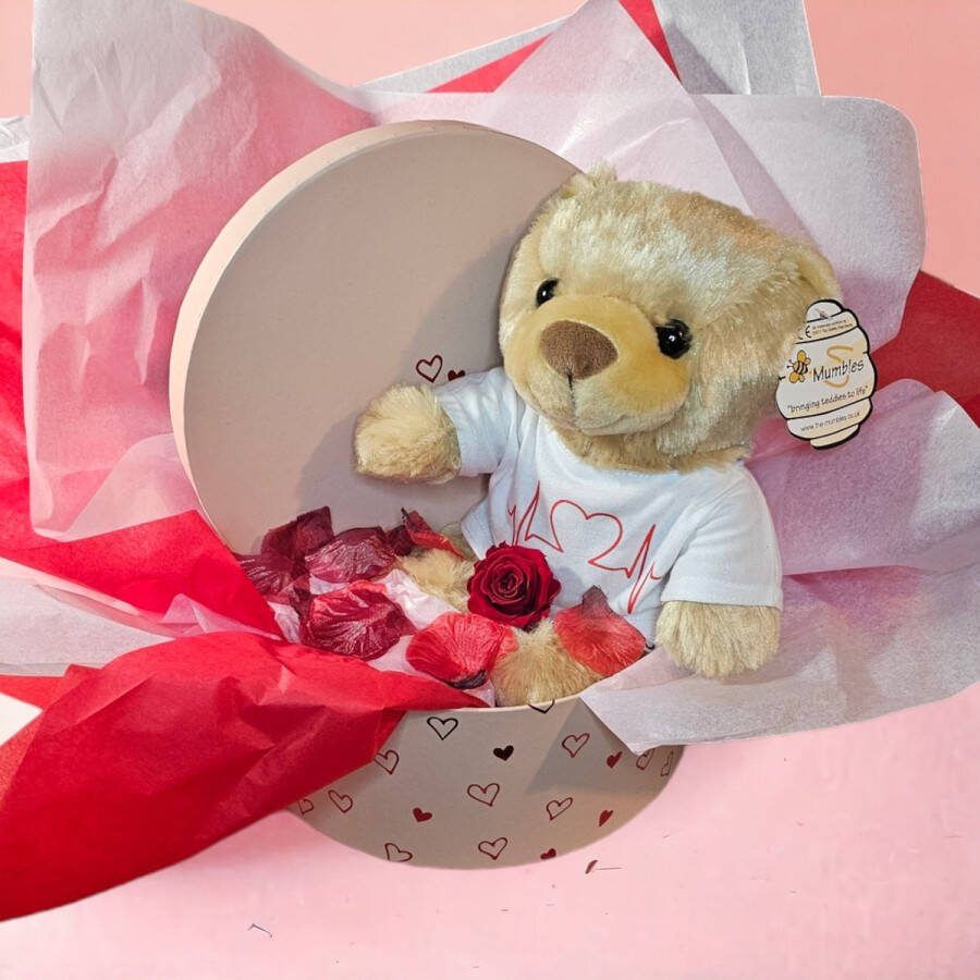 Origineel-kado.nl compleet valentijnspakket gepersonaliseerd shirt knuffelbeer longlife rode roos- valentijn beige in luxe cadeaudoos