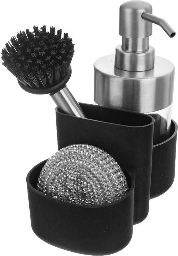 Orion Afwasmiddeldispenser met Borstel en Spons Zwart 350 ml Zeepdispenser voor De Keuken Vaatwasmiddeldispenser