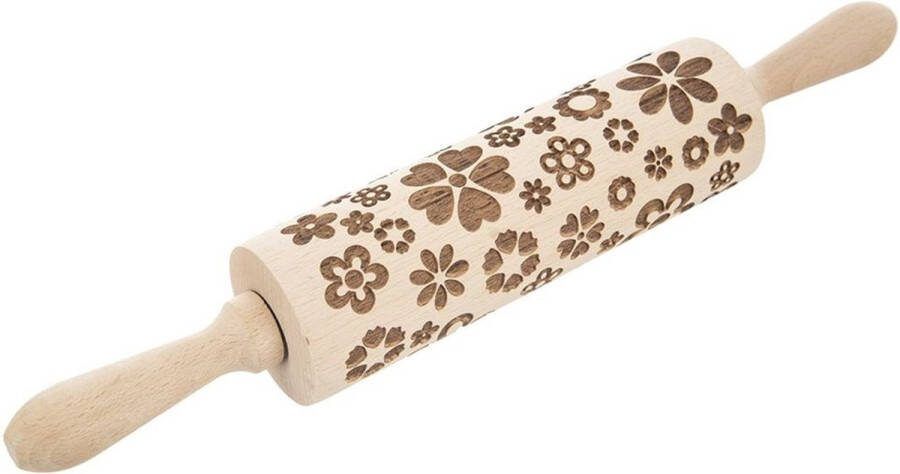 Orion group Deegroller met Patroon Houten Draaibaar Bloemen 39 cm voor Deeg en Koekjes Motief
