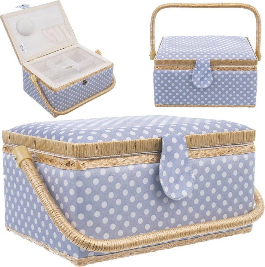 Orion group Naaidoos Blauw met Stippen 30x23x16 cm Naaibox Naaigaren Opbergbox Opbergdoos Organizer Naai Spullen