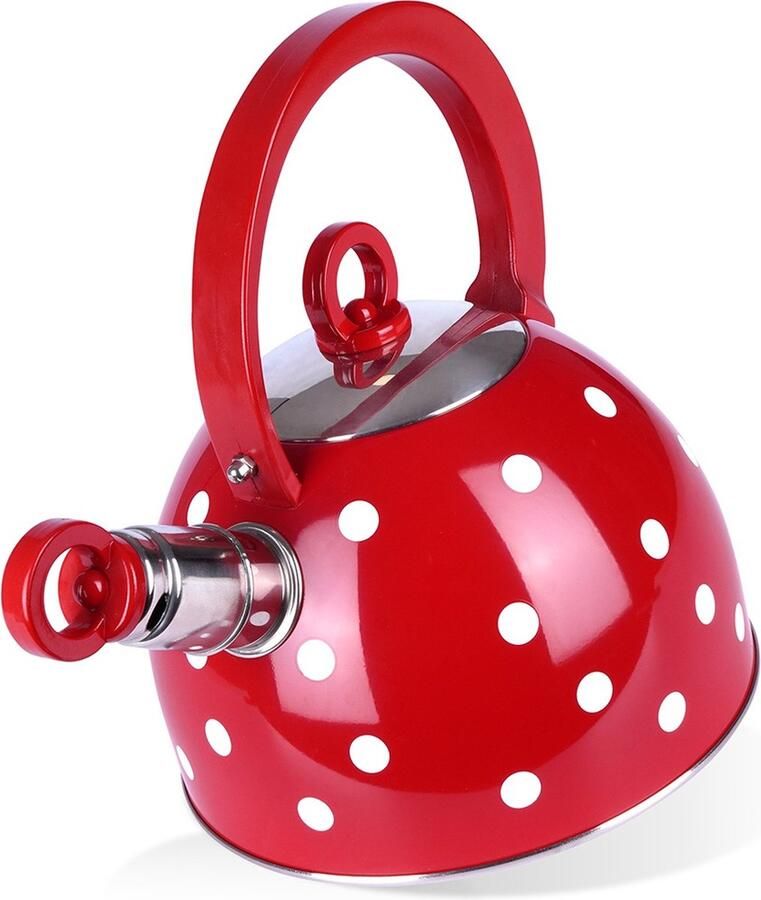 Orion group Fluitketel Edelstaal Rood met Stippen 1 5 l Waterketel met Fluitje Waterkoker