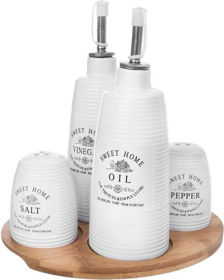 Orion group Peper en Zout Vaatje Oliefles en Azijnfles Keramiek met Standaard SWEET HOME 5 delig Fles voor Olijfolie Of Azijn Stooier Stel Zoutvaatje Pepervaatje Peperstel en Zoutstel Set Kruidenpo