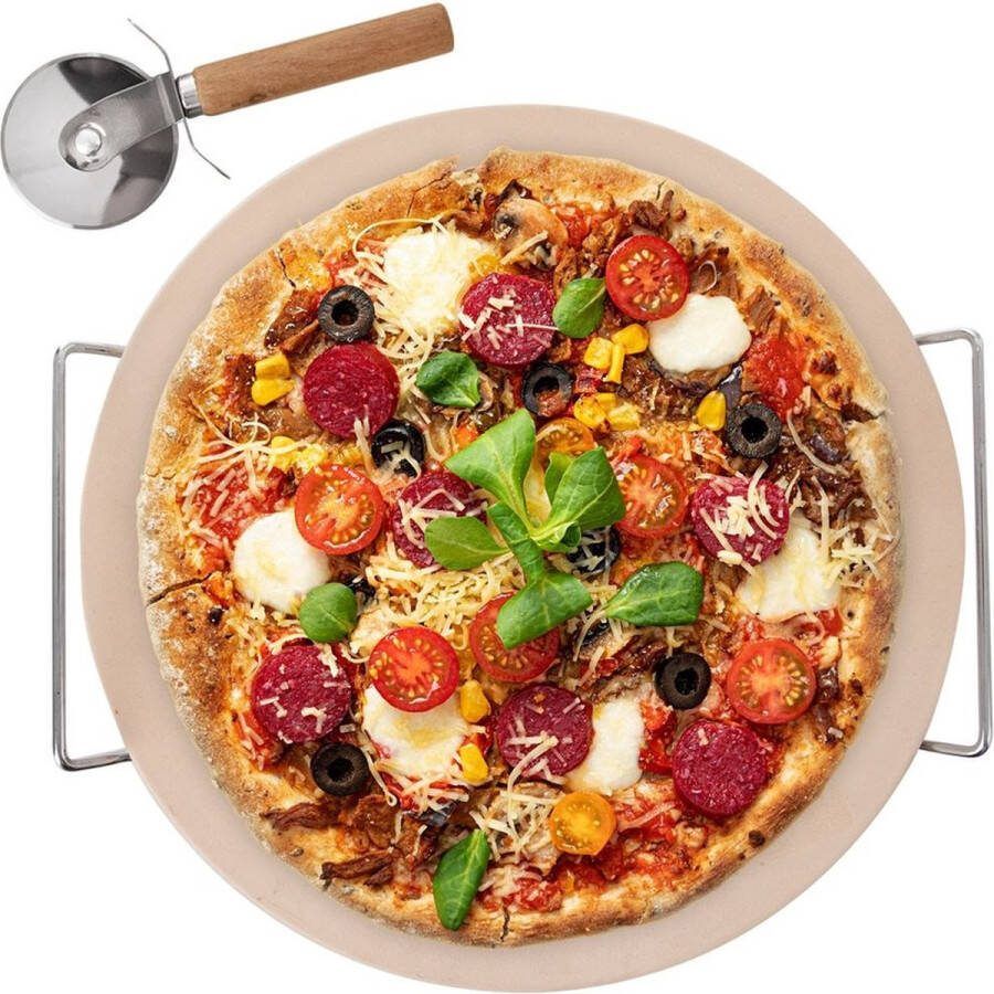 Orion group Pizzasteen Chamotte met Houder en Pizzasnijder 3 delig Pizzaplaat Bakvormen Pizza Bakplaat