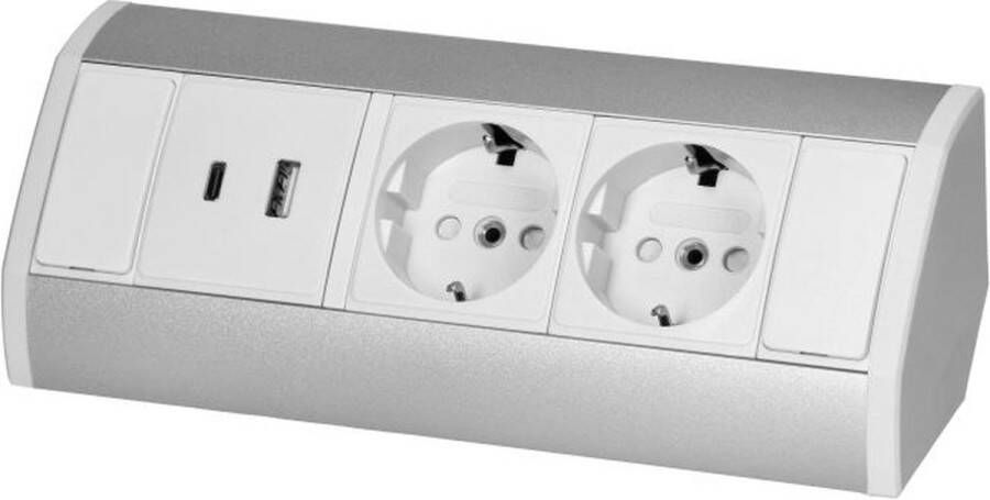 ORNO Hoekstekkerdoos 2 Stopcontacten USB A en USB C Opbouw Hoekstekkerblok met 60 cm kabel Wit Zilver