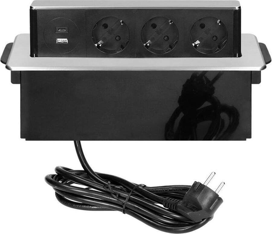 ORNO Pop-up Stekkerdoos 3 stopcontacten USB A en USB C Inbouw Stekkerblok met 2 meter kabel RVS Zwart