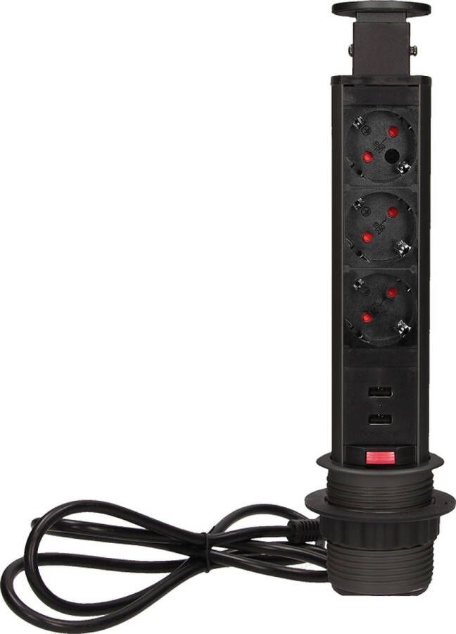 ORNO Verticale Stekkerdoos met USB Pop up stekkerblok met 3 stopcontacten en 2 USB Ø 60mm Inbouw Verdeelstekker met 1.8 meter kabel Stekkerblok voor max. 3680 Watt Zwart