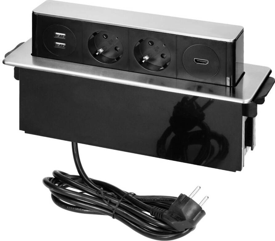 ORNO Stekkerdoos met USB en HDMI 2.0 Inbouw verdeelstekker Stekkerblok met 2 stopcontacten en 2 USB-A & HDMI Bureau stekkerdoos RVS afwerking Randaarde