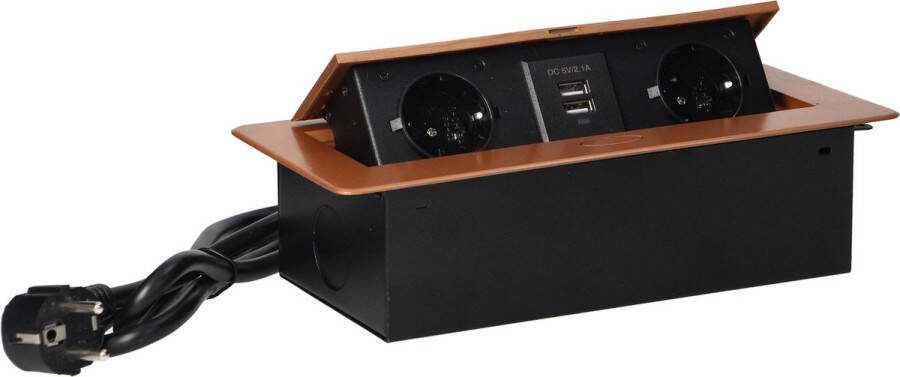 ORNO Stekkerdoos met USB Pop up stekkerblok met 2 stopcontacten en 2 USB Inbouw Verdeelstekker met RVS afwerking Stekkerblok met 1.5 meter kabel voor max. 3680 Watt Goud