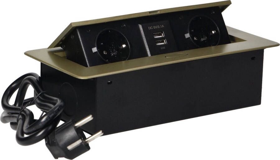 ORNO Stekkerdoos met USB Pop up stekkerblok met 2 stopcontacten en 2 USB Inbouw Verdeelstekker met RVS afwerking Stekkerblok met 1.5 meter kabel voor max. 3680 Watt Messing