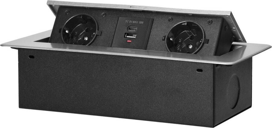 ORNO Luxe stekkerdoos met USB Pop up stekkerblok met 2 stopcontacten en 2 USB Inbouw Verdeelstekker met RVS afwerking Stopcontact splitter voor max. 3680 Watt Zilver