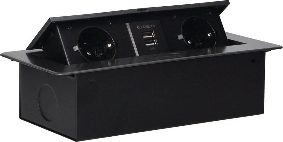 ORNO Stekkerdoos met USB Pop up stekkerblok met 2 stopcontacten en 2 USB Inbouw Verdeelstekker met RVS afwerking Stekkerblok zonder kabel voor max. 3680 Watt Antraciet