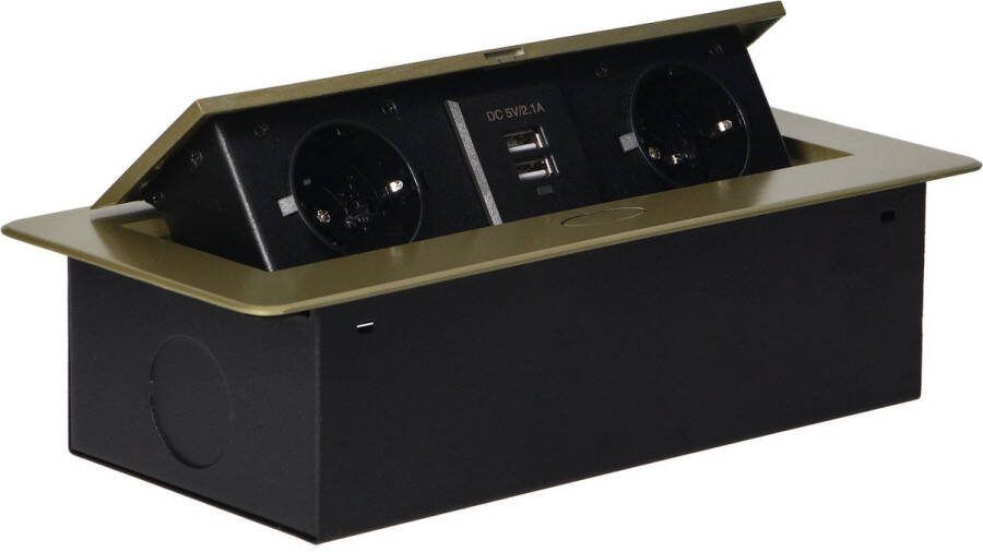 ORNO Stekkerdoos met USB Pop up stekkerblok met 2 stopcontacten en 2 USB Inbouw Verdeelstekker met RVS afwerking Stekkerblok zonder kabel voor max. 3680 Watt Messing