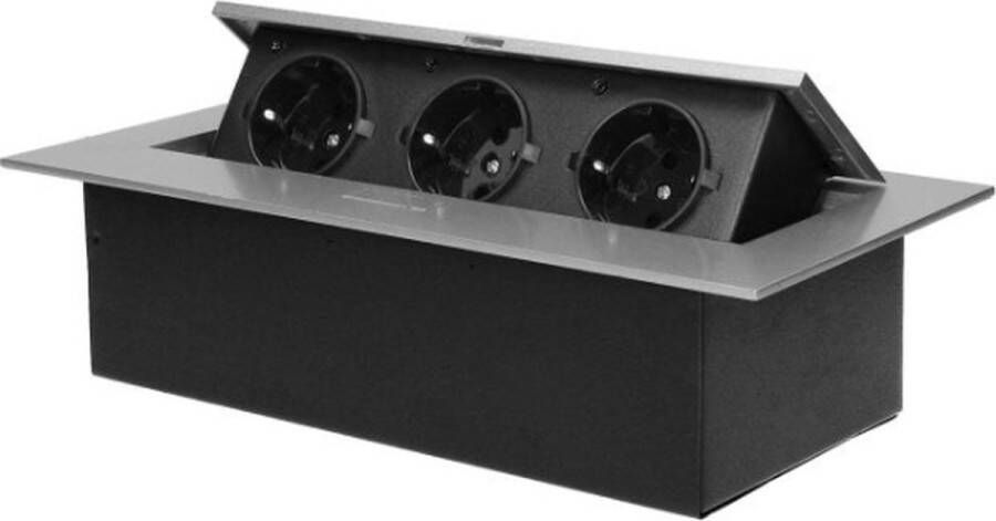 ORNO Stekkerdoos met 3 stopcontacten Pop up stekkerblok zonder kabel Inbouw Verdeelstekker met RVS afwerking Stekkerblok 230 Volt voor max. 3680 Watt Zilver
