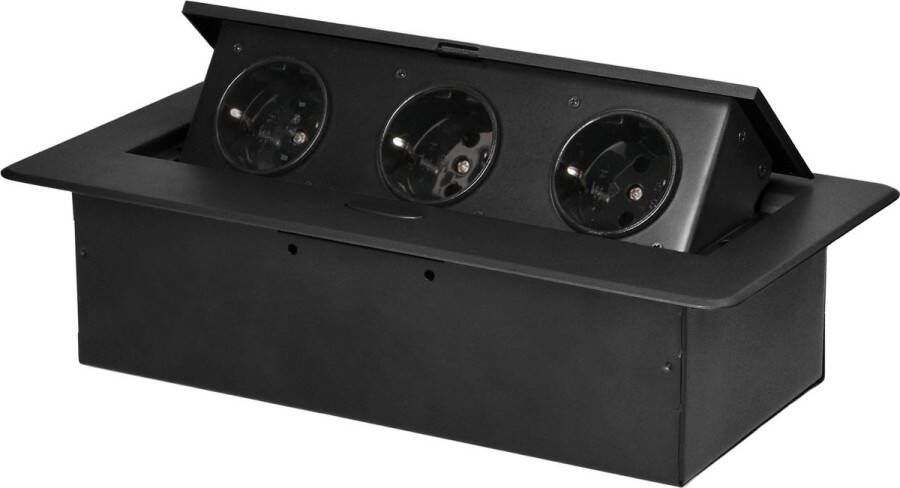 ORNO Inbouw stekkerdoos pop up Stopcontact splitter 3 voudig Verdeelstekker horizontaal schuko Verdeeldoos zonder snoer Zwart