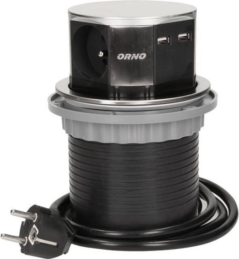 ORNO Pop-up stekkerdoos met 3 stopcontacten en twee USB-A laadpunten RVS INOX