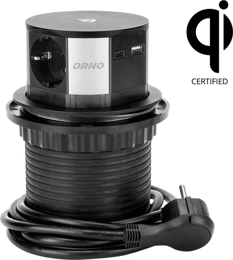 ORNO Pop-up stekkerdoos met Qi draadloze oplader 3 Stopcontacten USB-A+C Quickcharge 3.0