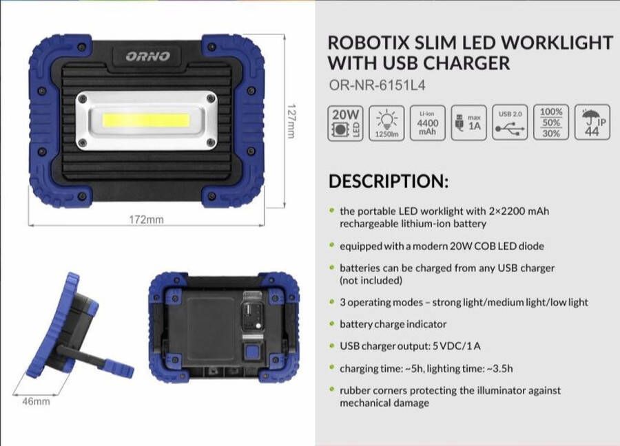 ORNO ROBOTIX LED Werklamp met ingebouwde powerbank 20 Watt 1250 lm 4000K IP44 4400 mAh
