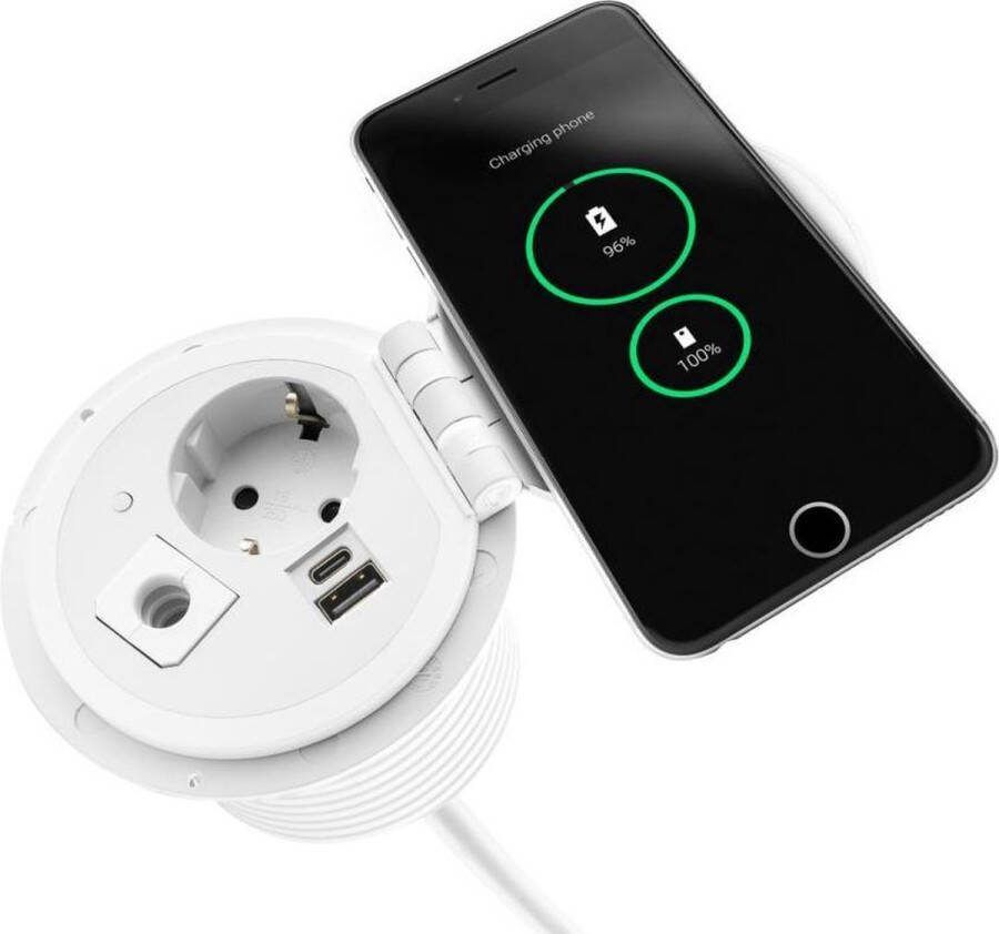 ORNO Stekkerdoos 1 stopcontact met Qi laadklep USB A en USB C -Inbouw Stekkerblok met 1.8 meter kabel Wit