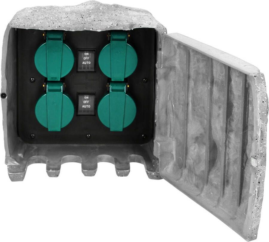 ORNO Tuincontactdoos Steen 4 stopcontacten 2P+Z frans type rubberen kabel H07RN-F 3x1.5mm² 3m kabellengte 2 bedrijfsmodi -Schemering SENSOR--VOOR BELGIË