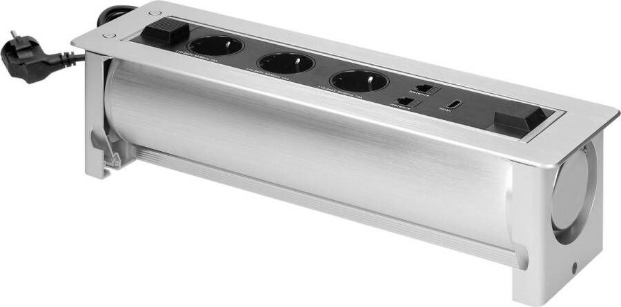 ORNO Twist-up Stekkerdoos voor vergadertafels 3 stopcontacten 2 RJ45 1 HDMI Inbouw Stekkerblok met 1.5 meter kabel Zilver