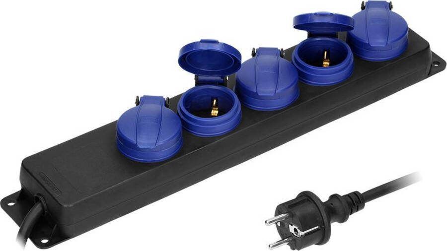 ORNO Stekkerdoos voor buiten Verlengsnoer met verdeelblok Heavy-duty 5-voudig IP44 Stof & spatwaterdicht Kabellengte 5 meter Zwart