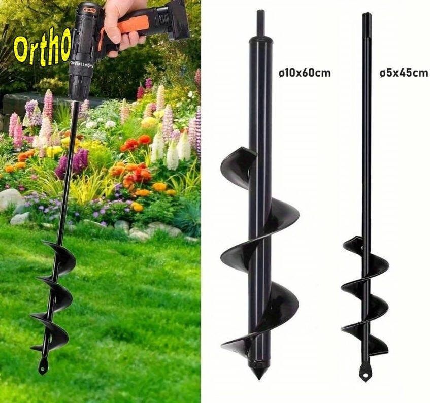 Ortho 2-Delige grondborenset voor boormachine ø5x45 cm en ø10x60 cm Bollenboor Zwart Eenvoudig in gebruik Compacte handgrondboor Set