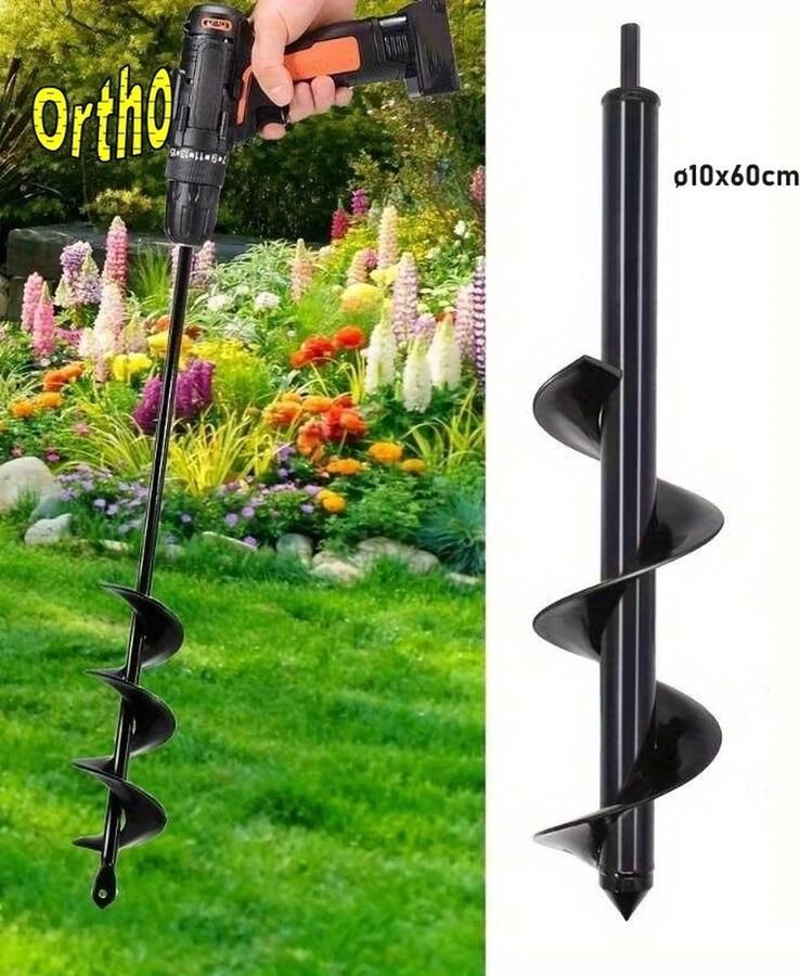 Ortho Grondboor voor boormachine ø10x60 cm Bollenboor Zwart Eenvoudig in gebruik Compacte handgrondboor Groot