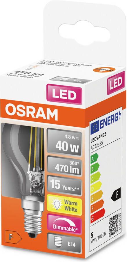 Osram 4058075437029 LED-lamp Energielabel F (A G) E14 Peer 4.8 W = 40 W Warmwit (Ø x l) 45 mm x 78 mm 1 stuk(s)