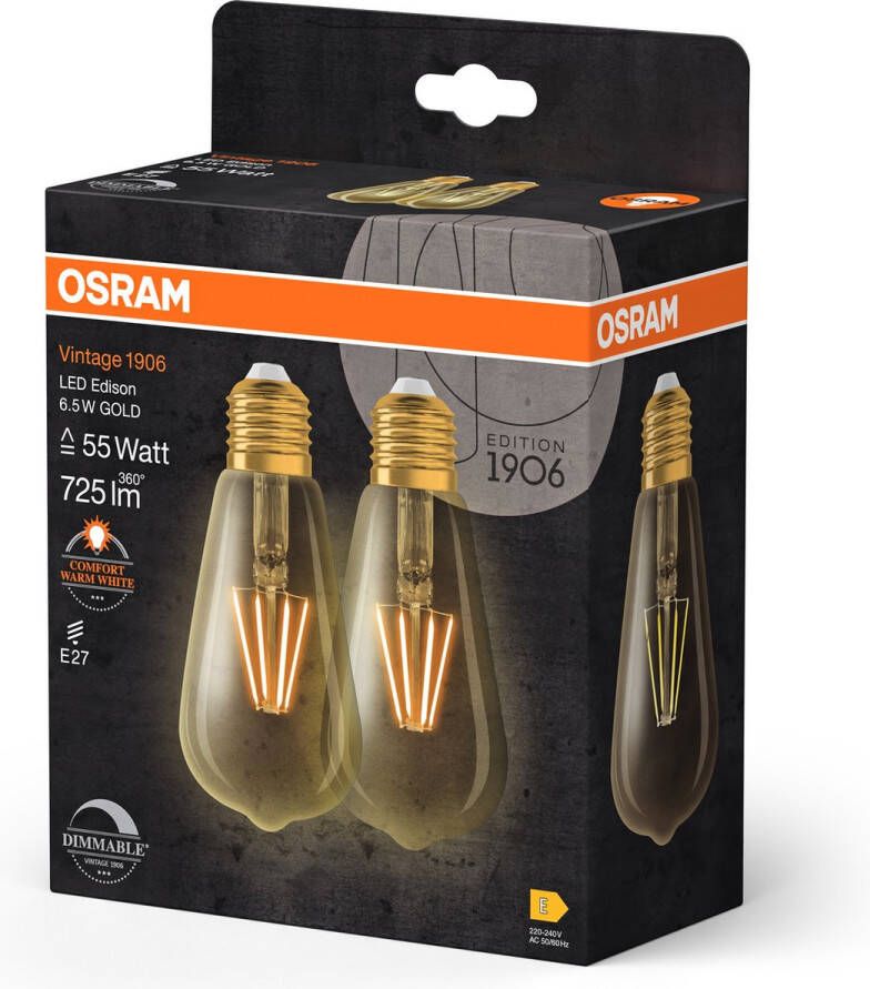 Osram 4058075754713 LED-lamp Energielabel E (A G) E27 Ballon 6.5 W = 55 W Warmwit (Ø x h) 64 mm x 64 mm 2 stuk(s)