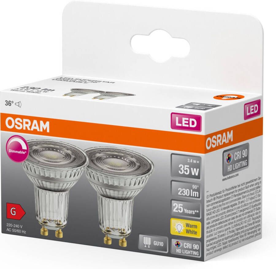 Osram 4058075797574 LED-lamp Energielabel G (A G) GU10 Reflector 3.4 W = 35 W Warmwit (Ø x h) 50 mm x 50 mm 2 stuk(s)