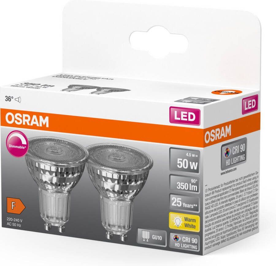 Osram 4058075797901 LED-lamp Energielabel F (A G) GU10 Reflector 4.5 W = 50 W Warmwit (Ø x h) 50 mm x 50 mm 2 stuk(s)