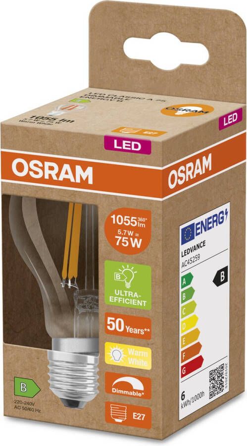 Osram 4099854065354 LED-lamp Energielabel B (A G) E27 Ballon 5.7 W = 75 W Warmwit (Ø x h) 60 mm x 60 mm Dimbaar 1 stuk(s)