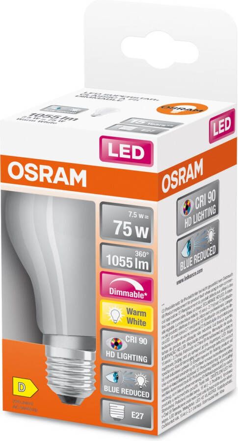 Osram Superstar dimbare LED lamp met bijzonder hoge kleurweergave (CRI9-) E27-basis matglas Warm wit (27--K) 1-55 Lumen substituut voor 75W-verlichtingsmiddel dimbaar 1-Pak