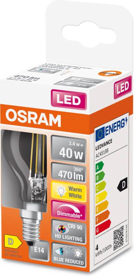 Osram Superstar dimbare LED lamp met bijzonder hoge kleurweergave (CRI9-) E14-basis Filament optiek Warm wit (27--K) 47- Lumen substituut voor 4-W-verlichtingsmiddel dimbaar 1-Pak