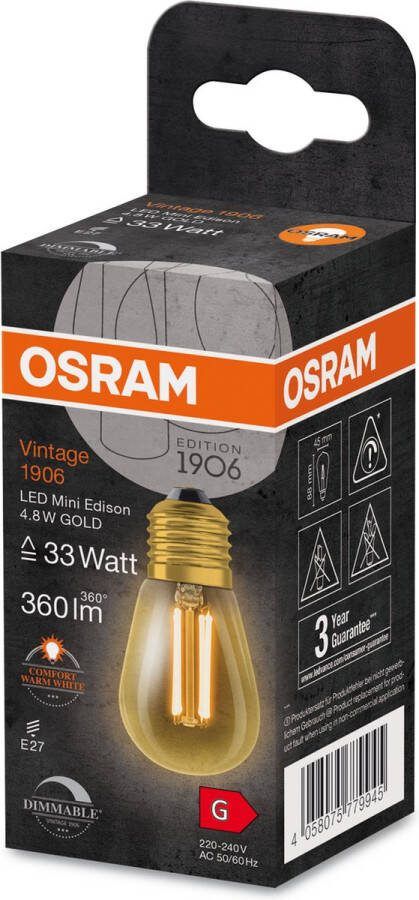 Osram E27 LED Edison Lamp 4.8W Goud 2200K 220V 822 320° Dimbaar