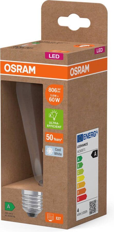 Osram Energy Class LED-Lampe in klassischer Edisonform 3.8 W 806 lm EEK A kaltweißes Licht (4000 K) CRI 80 aus klarfarbenem bleifreiem Glas E27 Sockel IP20 64 mm Durchmesser