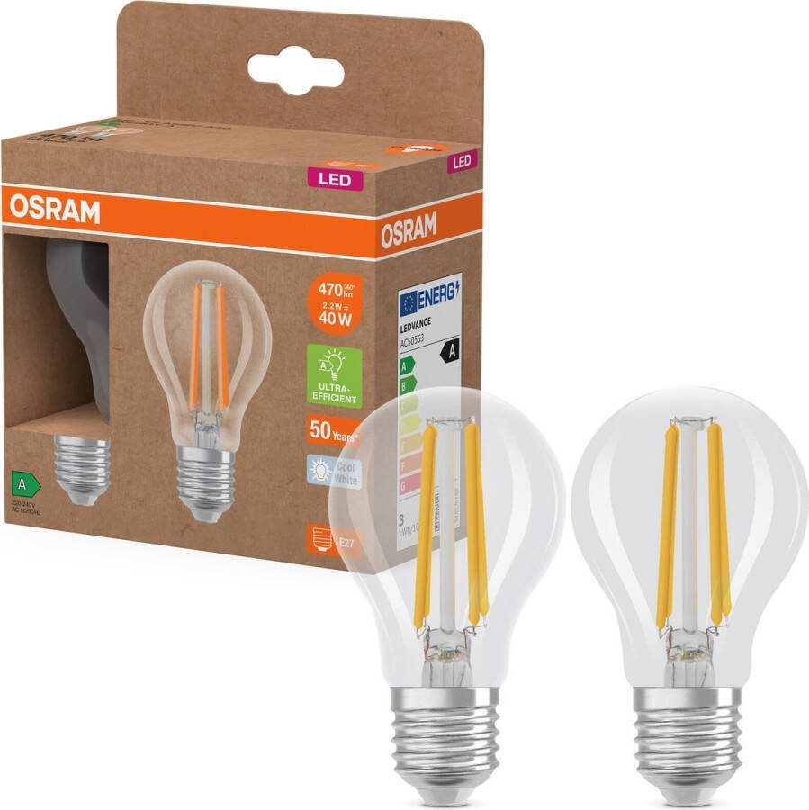 Osram Energy Class LED-Lampe in klassischer Kolbenform 2.2 W 470 lm EEK A kaltweißes Licht (4000 K) CRI 80 aus klarfarbenem bleifreiem Glas E27 Sockel IP20 60 mm Durchmesser