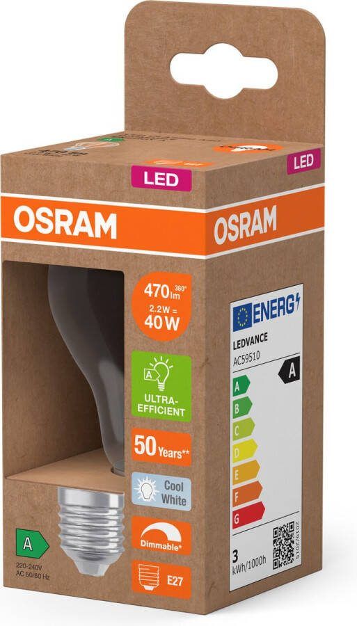 Osram Energy Class LED-Lampe in klassischer Kolbenform 2.2 W 470 lm EEK A kaltweißes Licht (4000 K) CRI 80 aus gefrostetem bleifreiem Glas E27 Sockel IP20 60 mm Durchmesser dimmbar