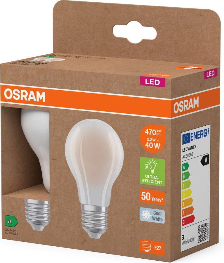 Osram Energy Class LED-Lampe in klassischer Kolbenform 2.2 W 470 lm EEK A kaltweißes Licht (4000 K) CRI 80 aus gefrostetem bleifreiem Glas E27 Sockel IP20 60 mm Durchmesser