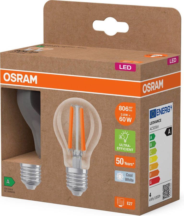 Osram Energy Class LED-Lampe in klassischer Kolbenform 3.8 W 806 lm EEK A kaltweißes Licht (4000 K) CRI 80 aus klarfarbenem bleifreiem Glas E27 Sockel IP20 60 mm Durchmesser