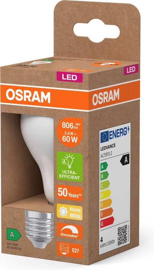 Osram Energy Class LED-Lampe in klassischer Kolbenform 3.8 W 806 lm EEK A warmweißes Licht (2700 K) CRI 80 aus gefrostetem bleifreiem Glas E27 Sockel IP20 60 mm Durchmesser dimmbar