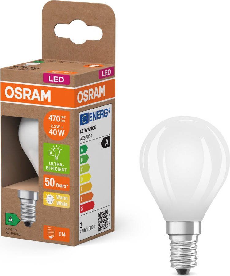 Osram Energy Class LED-Lampe in klassischer Miniballform 2.2 W 470 lm EEK A warmweißes Licht (2700 K) CRI 80 aus gefrostetem bleifreiem Glas E14 Sockel IP20 45 mm Durchmesser