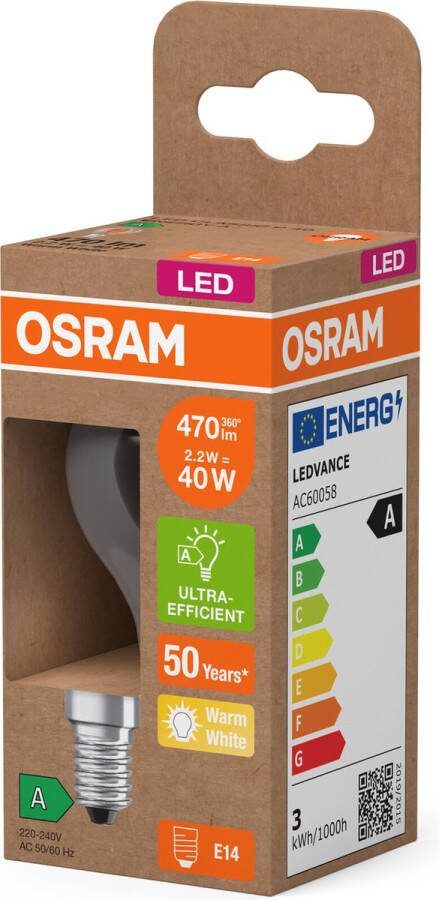 Osram Energy Class LED-Lampe in klassischer Miniballform 2.2 W 470 lm EEK A warmweißes Licht (2700 K) CRI 80 aus klarfarbenem bleifreiem Glas E14 Sockel IP20 45 mm Durchmesser