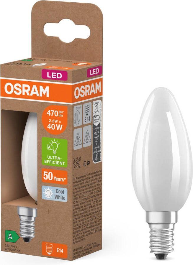 Osram Energy Class LED-Lampe in klassischer Minikerzenform 2.2 W 470 lm EEK A kaltweißes Licht (4000 K) CRI 80 aus gefrostetem bleifreiem Glas E14 Sockel IP20 35 mm Durchmesser