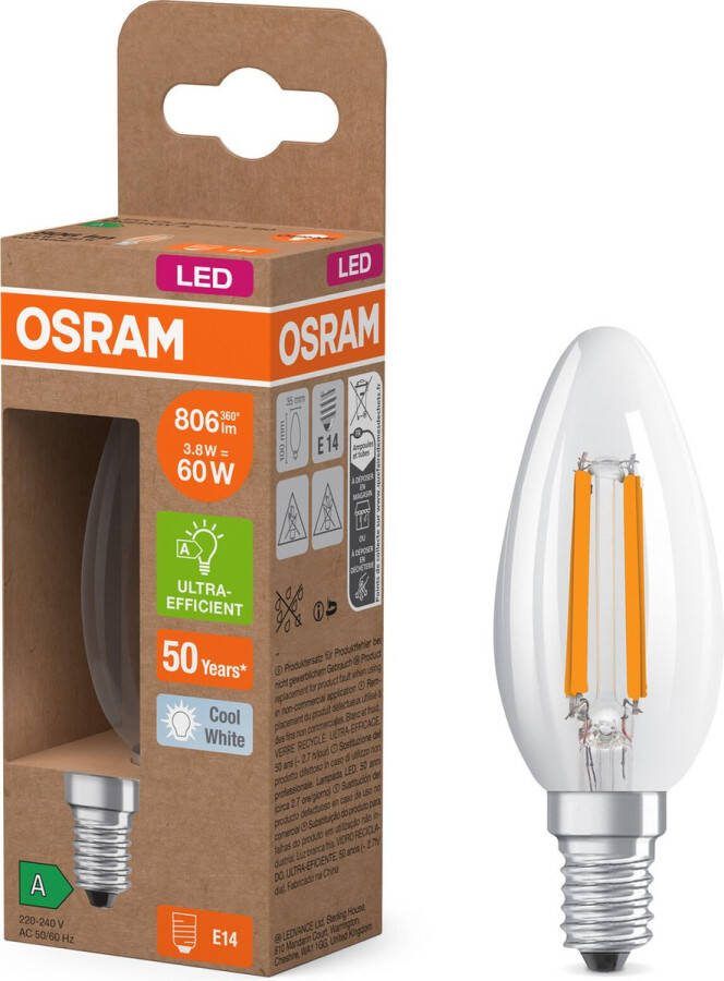Osram Energy Class LED-Lampe in klassischer Minikerzenform 3.8 W 806 lm EEK A kaltweißes Licht (4000 K) CRI 80 aus klarfarbenem bleifreiem Glas E14 Sockel IP20 35 mm Durchmesser