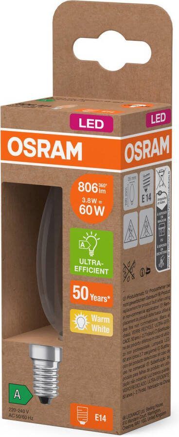 Osram Energy Class LED-Lampe in klassischer Minikerzenform 3.8 W 806 lm EEK A warmweißes Licht (2700 K) CRI 80 aus klarfarbenem bleifreiem Glas E14 Sockel IP20 35 mm Durchmesser
