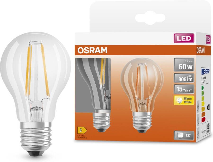 Osram LED lamp Classic A 60 E27 filament helder 7W 806 lumen warm wit 2 stuks