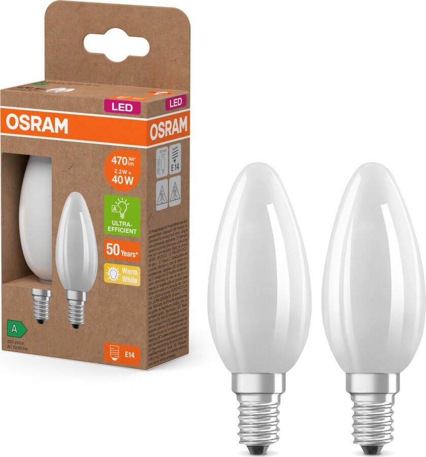Osram LED Superstar Classic LED lamp B 40 in classic mini candle shape made of frosted glass 2.2 W 470 lm E14 socket 2 700 K for warm white light EEK A 35-mm diameter